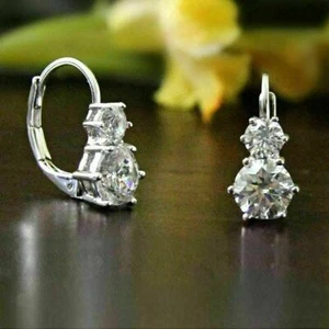 14k White Gold Women's Dangle Drop Earrings 1.80Ct Round Cut Lab-Created Diamond - Picture 1 of 7