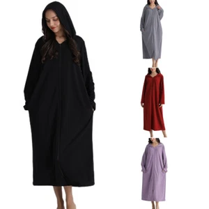 Women's Long Sleeve Robe Zipper Hooded Nightgown Pocket Soft Comfy House Coat - Picture 1 of 17