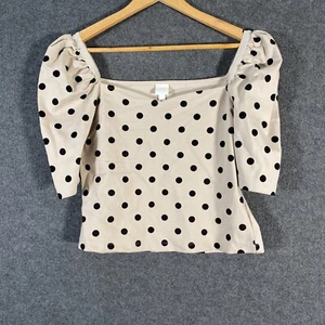 H&M Top Womens M Beige Black Blouse Shirt Fitted Polka Dot Cocktail Party Z216 - Picture 1 of 12