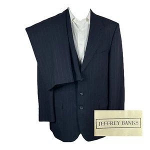 Jeffrey Banks 2 Piece Suit Mens 44L 38x29 Navy Blue Pinstripe 3 Button Pleated - Picture 1 of 13