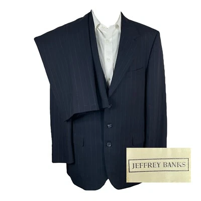 Jeffrey Banks 2 Piece Suit Mens 44L 38x29 Navy Blue Pinstripe 3 Button Pleated - Image 1 of 4
