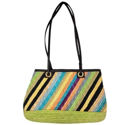 Vintage Rainbow Diagonal  Striped Double Top Handle Straw Handbag Purse - Image 1 of 4