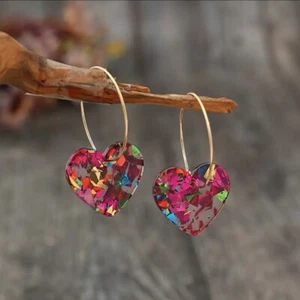 Pink Acrylic Metallic Heart Earrings - Picture 1 of 1
