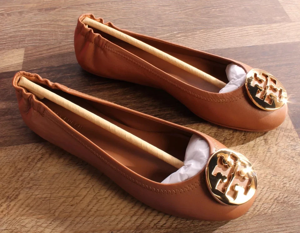 Tory Burch Minnie Travel Ballet Leather Flat Royal Tan Brown US 7 Authentic