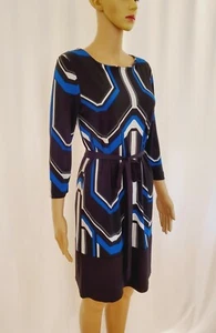 New York And Company Blue/Black/White Geometric Print Belted Shift Dress Size S - Picture 1 of 9
