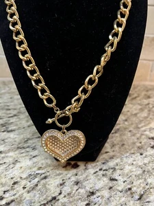BEAUTIFUL GOLDTONE LINK CHAIN W LRG TWO PIECE CRYSTAL/RHINESTONE HEART NECKLACE - Picture 1 of 4