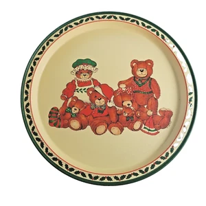 Christmas Tin Serving Tray Teddy Bear Family Metal Platter 13.5" Round Vintage - Picture 1 of 3