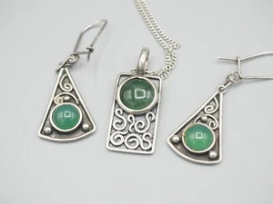 Artisan sterling silver oxidized green gem ornate ethnic earrings necklace set - Picture 1 of 6