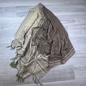 Beautiful Woven Fringed Scarf Stole Wrap Bohemian Design Beige Cream 26 X 76 - Picture 1 of 12