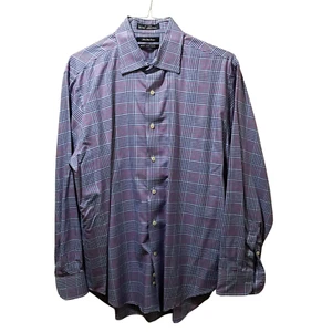 Saks Fifth Avenue Button-Up Shirt Men’s 17 (34/35) Blue Plaid Slim Fit - Picture 1 of 3