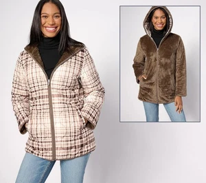 Susan Graver Sz M Reversible Quilted Woven & Plush Fleece Jacket A620230 TAUPE - Picture 1 of 1