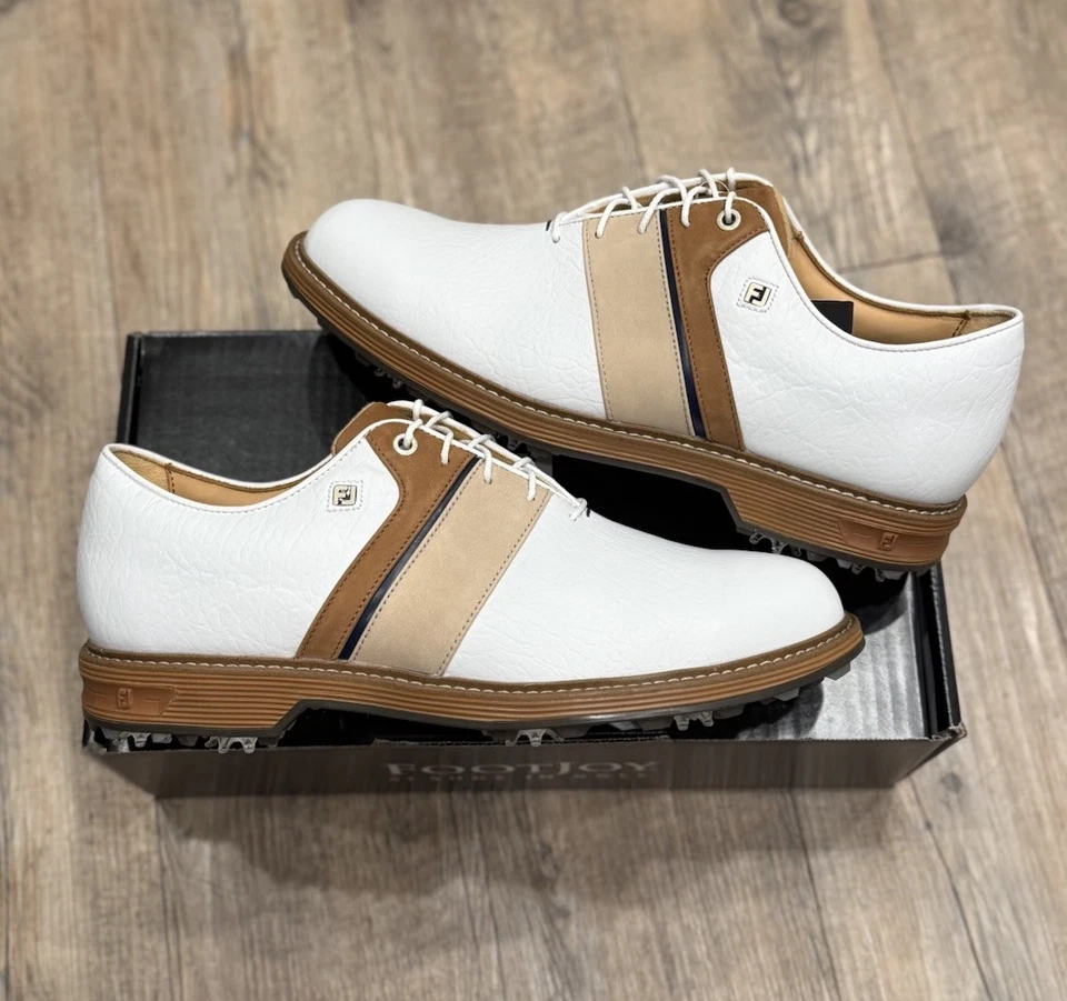 Sz 9M FootJoy Dryjoys Premiere Series Packard LX Golf Shoes White/Khaki 54535