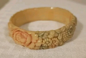 Vintage Floral Celluloid Kunststoff geschnitzt Armband gelb Armreif - Bild 1 von 8