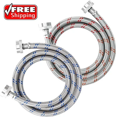 4 FT Washing Machine Hoses, 2 Pack Premium Stainless Steel Washer Hose, Explosio - Image 1 of 4