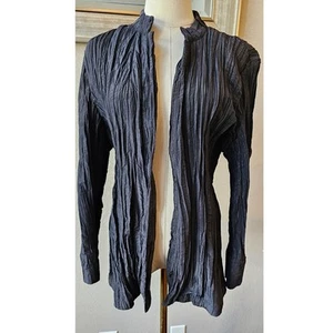 Chico's Long Sleeve Open Front Crinkle Jacket Women Size 3 L Navy Grunge Fairy - Picture 1 of 6
