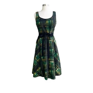 Anthropologie Maeve Dress 0 Green Painted Plaid Fit & Flare Belt Petticoat Swift - Picture 1 of 8