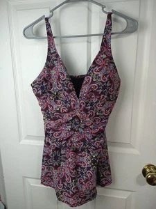 Ellen Tracey Woman 12 VNeck One Piece Purple Pink Paisley Slit Skirt Swimsuit - Picture 1 of 12