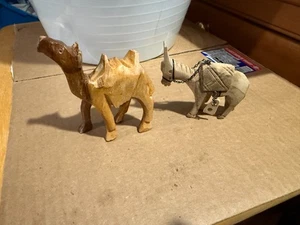 Vintage Olivenholz Kamel + Esel Figur 2er Set Krippe handgeschnitzt - Bild 1 von 4