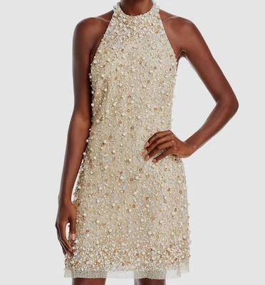 Женское вечернее платье с бретелью через шею из бисера цвета слоновой кости Aidan от Aidan Mattox размер 16 - Изображение 1 из 3