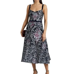 MARCHESA NOTTE Flared Metallic Floral Organza Midi Dress| Size 10 - Picture 1 of 12