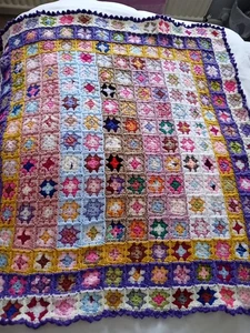 Traditional Granny Square Hand Crochet Lap Blanket. Approx 100cmx 100cm. - Picture 1 of 8