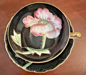 Tea cup & saucer Vintage 1950s Napsco Hand Painted Black Lusterware flower - Picture 1 of 8