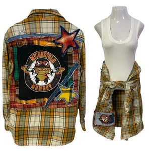 Upcycled Flannel Shirt Shacket Mens Large Monkey Motorcycle  Grunge Patchwork - Picture 1 of 19