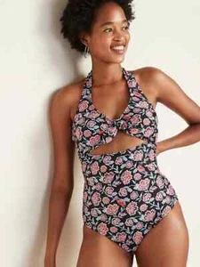 Old Navy Women's Black Floral Tie Front Halter Swim Suit Sz. S Small NWT - Picture 1 of 3
