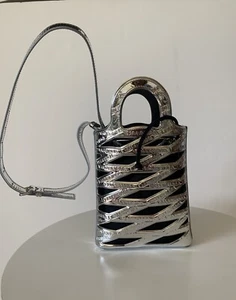 Balenciaga New Neo Basket Metallic Silver Leather Small Satchel Bag - Picture 1 of 2