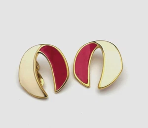 Monet Vintage Designer Gold Plated Enamel Red Antique White Clip Earrings HTF - Picture 1 of 3