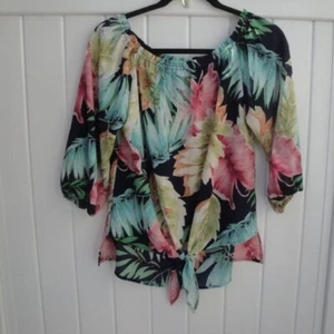 Veronica Blouse Women's Small Tropical Floral Print Vacation Coastal Vibes Tie - Picture 1 of 3