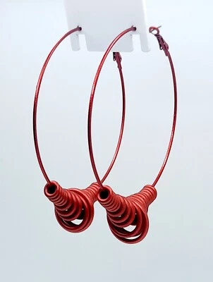 LARGE 3 INCH/80MM HOOP RED METALIC COLOR SIMPLE THIN BOHO FASHION EARRINGS - Image 1 of 4