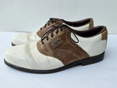 FootJoy DryJoys 53692 男式高尔夫钉鞋白色/棕色皮革马鞍尺寸-11M — 第 1/4 张图片