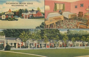 WILLIAMSBURG VIRGINIA ROADSIDE MOTEL POCAHONTAS MOTOR LODGE LINEN POSTCARD VIEW - Picture 1 of 2