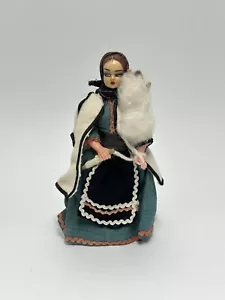 Vintage Greek Doll Woman Traditional Costume Hand Painted Face Holding Wool - Picture 1 of 9