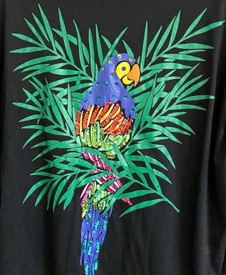 Vintage Alyssa Michele 90s Parrot Tropical Shirt Sequin Sparkly Shortsleeve L/OS - Image 1 of 4