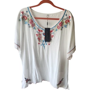 Laura Klein Damen Boho Tunika Top mit Blumenstickerei XL Weiß Bauern Neu - Bild 1 von 9