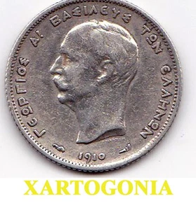 GREECE COIN 1910, KING GEORGE A' , 1 DRACHMA, SILVER, RR, VG-F - Picture 1 of 2