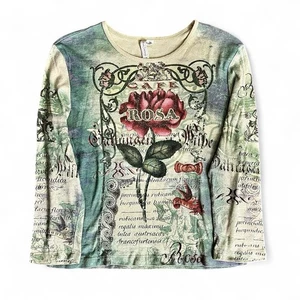 Susan Lawrence Y2K Grafik Top M Petite Fairy Rose Forest Glitzer Batik USA - Bild 1 von 16