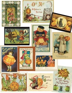 12 Halloween Postcards Reproduction VTG Antique Junk Journal Ephemera Pumpkins - Picture 1 of 16