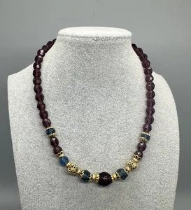 Vtg 1928 Faceted Beaded Necklace Purple Blue Gold Tone Filigree Statement 15” - Picture 1 of 9