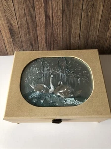 Vintage Swan Lake Jewellery Box Musical Glass Swans Red Velvet Key Lockable - Picture 1 of 15