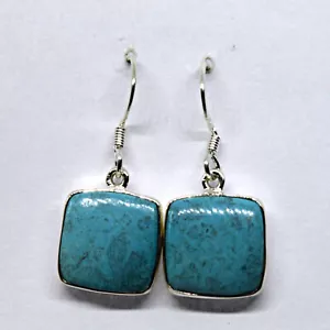 Chrysocolla 925 Silver Drop Earrings Pair Natural Turquoise Crystal Goddess - Picture 1 of 8