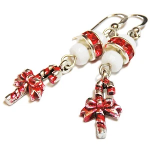 Festive Silver Tone Metal Christmas Candy Cane Earrings By SoniaMcD  - Picture 1 of 8