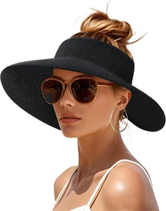 Womens Sun Visor Hats Wide Brim Straw Beach Hat UV Protection Ponytail Packable - Picture 1 of 11