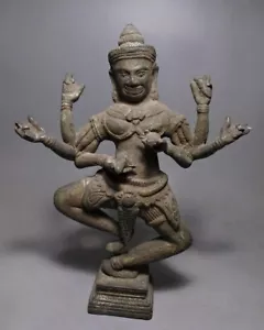 Scultura in bronzo Khmer Narayana figura a 6 braccia in posa danzante, stile Bayon - Foto 1 di 18