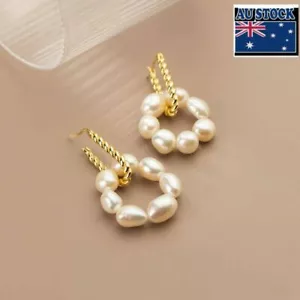 Woman REAL S925 Sterling Silver Freshwater Pearl Paper Clip Earring Huggie Drop - Picture 1 of 7