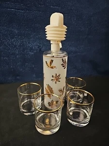 MCM VINTAGE Pump Decanter Whiskey Burbon Glass Glasses Liquor Set Gold Leaf - Picture 1 of 15