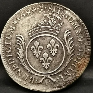ECU AUX PALMES LOUIS XIV 1694 P DIJON SILVER 917‰ Reformed flan / 41mm 26.4g - Picture 1 of 3