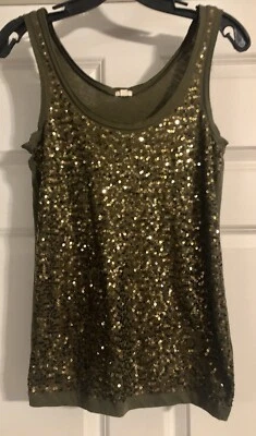 J. Crew Olive Green Sequined Size XS Cotton Sleeveless Tank  - Image 1 of 4